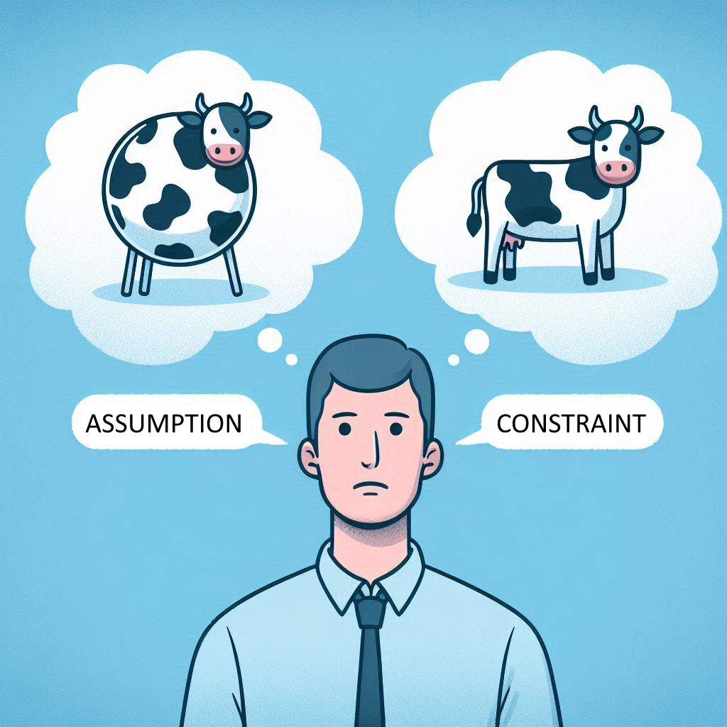 A person who is thinking about assumptions and constraints. They have a thought bubble that shows two cows. One looks normal. The other cow is a sphere that has been homotopy formed as a spherical cow.