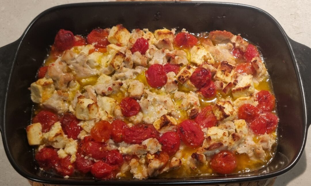 Chickpea pasta with chicken, tomatoes, and feta cheese
